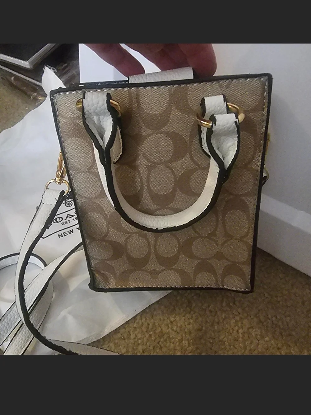 Coach Mini Signature Tote in Khaki with White Trim